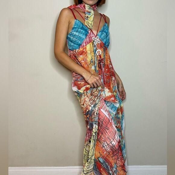 Rare Legatte Maxi Orange Blue Dress Tank Size L - Picture 3 of 11